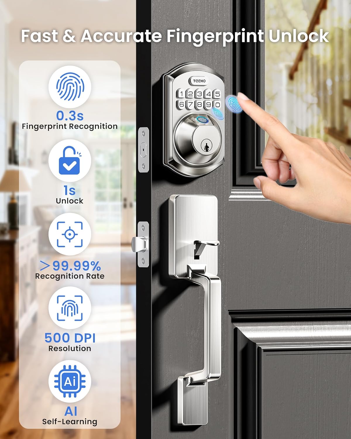 TEEHO TE012W-H WiFi Smart Door Lock with Handle, Fingerprint, Keypad, Key & App Control, Keyless Entry Deadbolt Set, Compatible with Alexa & Google Assistant, Easy Install for Front Door, Satin Nickel
