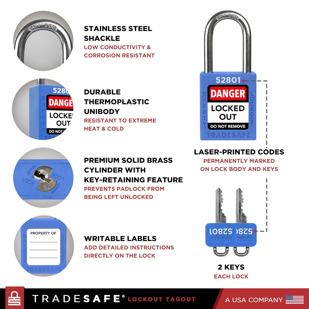 TRADESAFE Lockout Tagout Locks Set - 10 Blue Loto Locks, Lockout Locks Keyed Different, 2 Keys Per Lock, OSHA Compliant Lock Out Tag Out Padlocks, Safety Padlocks for Electrical Lockout Tag Out Kits