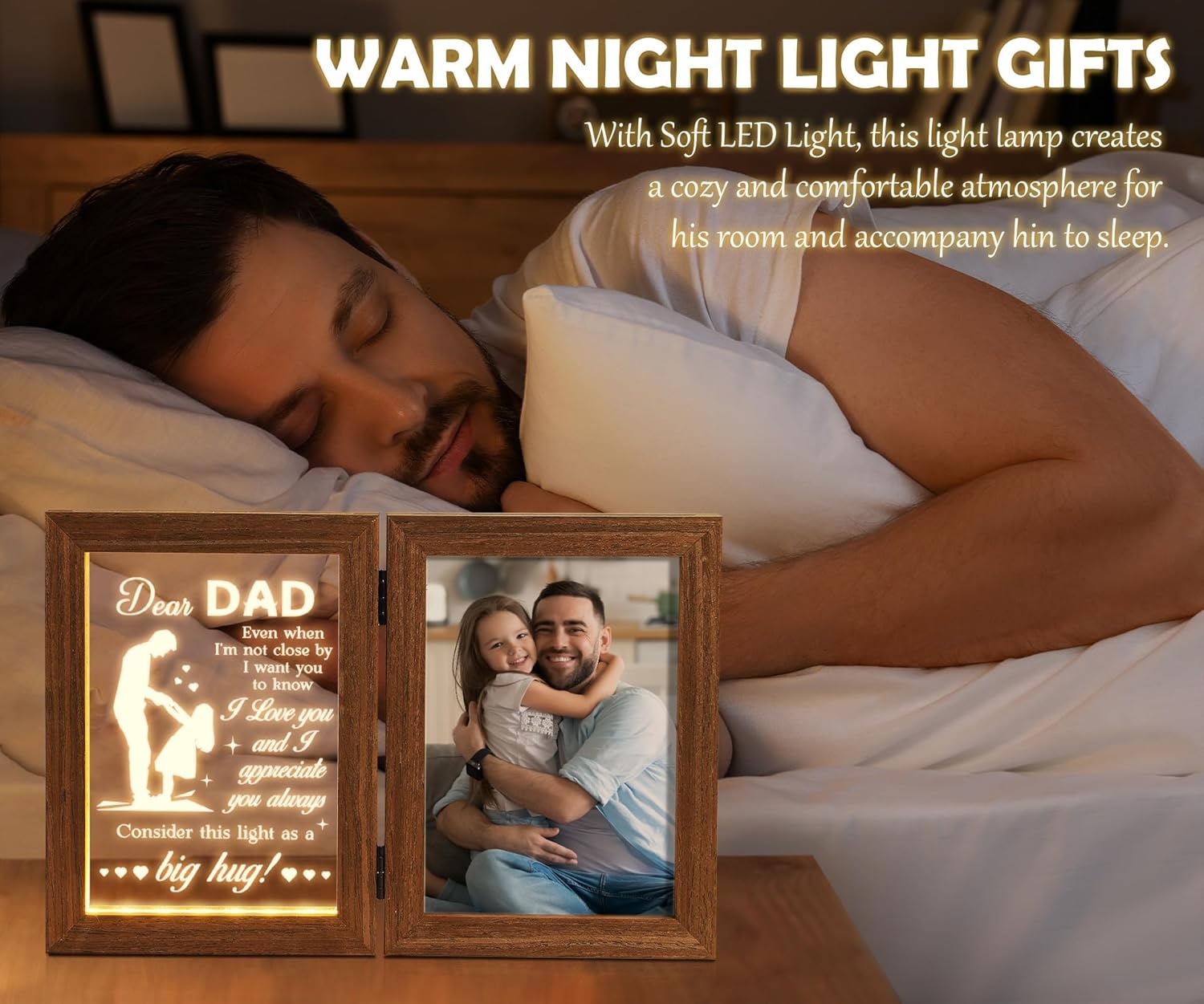 Tiblue Christmas Gifts for Dad from Daughter Son Kids Wife Dad Gifts for Dad Who Wants Nothing Best Daddy Gift - Night Light with Father Picture Frame for 5x7 Photos New Daddy Bonus Step Father Gift