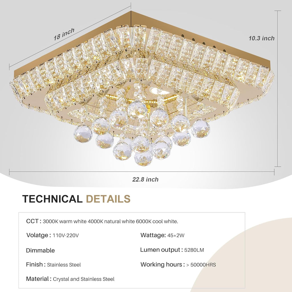 18 inch Crystal Flush Mount Gold Chandelier Remote/APP, Modern Raindrop LED Ceiling Light, 3CCT Dimmable & Brightness Adjustable,Elegant Chandeliers for Bedroom Hallway Dinning Room Living Room