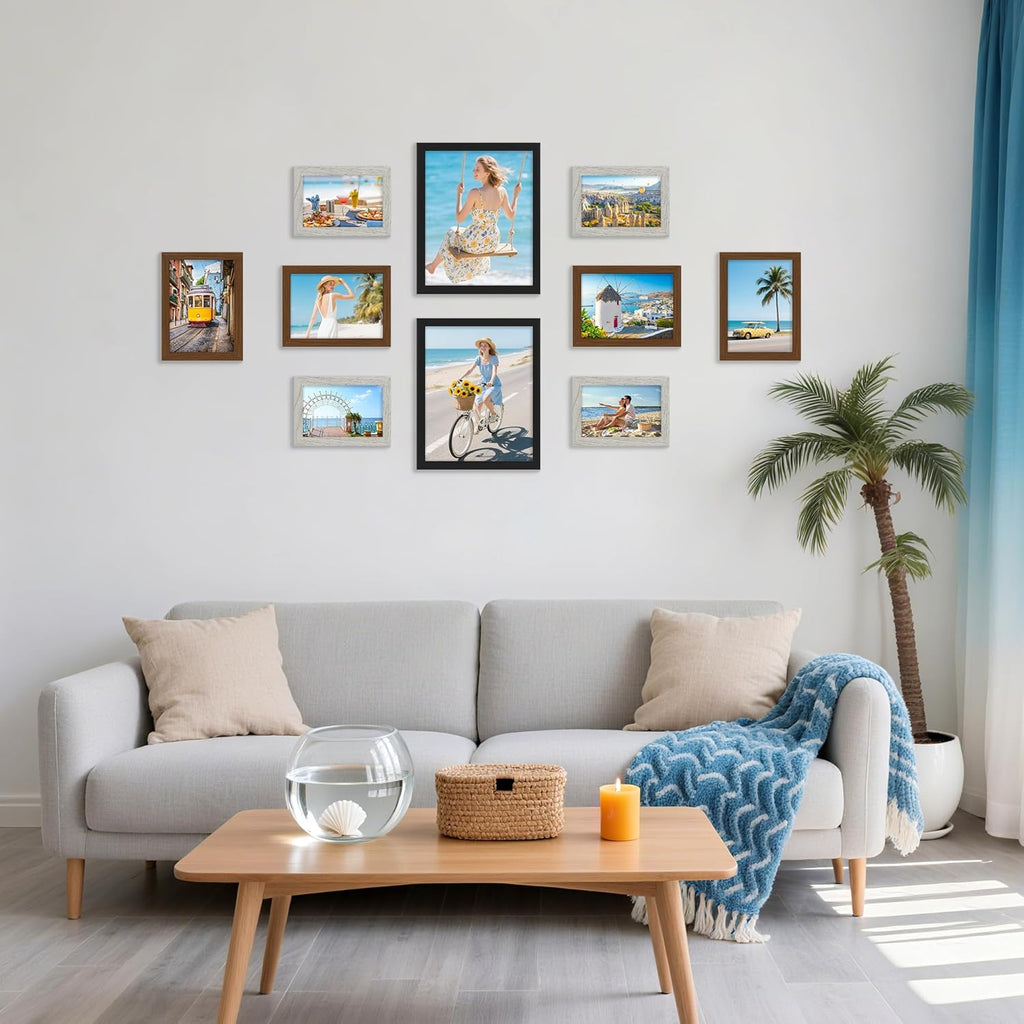 decorUhome Picture Frames Collage Wall Decor for Photo Gallery Display, Assorted Picture Frames set of 10 Including Two 8x10 / Four 5x7 / Four 4x6 for Family Wall Decor, Black/Brown/Grey, 10 Pack