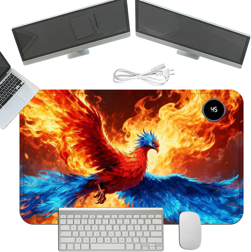 Heated Mouse Pad with 3 Temperature Settings(104°F–122°F),Large 24x14.2 Inch PU Leather Heated Desk Mat,Waterproof Warming Pad for Office,Gaming & Cold Hands Relief,Fiery Phoenix Bird