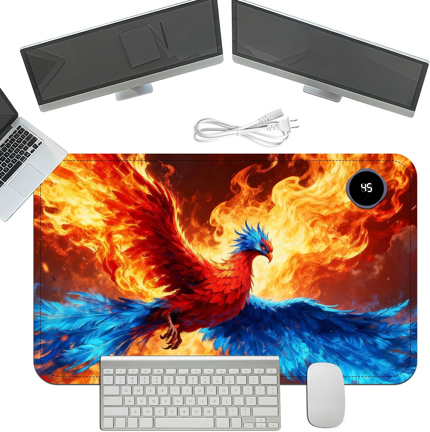 Heated Mouse Pad with 3 Temperature Settings(104°F–122°F),Large 24x14.2 Inch PU Leather Heated Desk Mat,Waterproof Warming Pad for Office,Gaming & Cold Hands Relief,Fiery Phoenix Bird