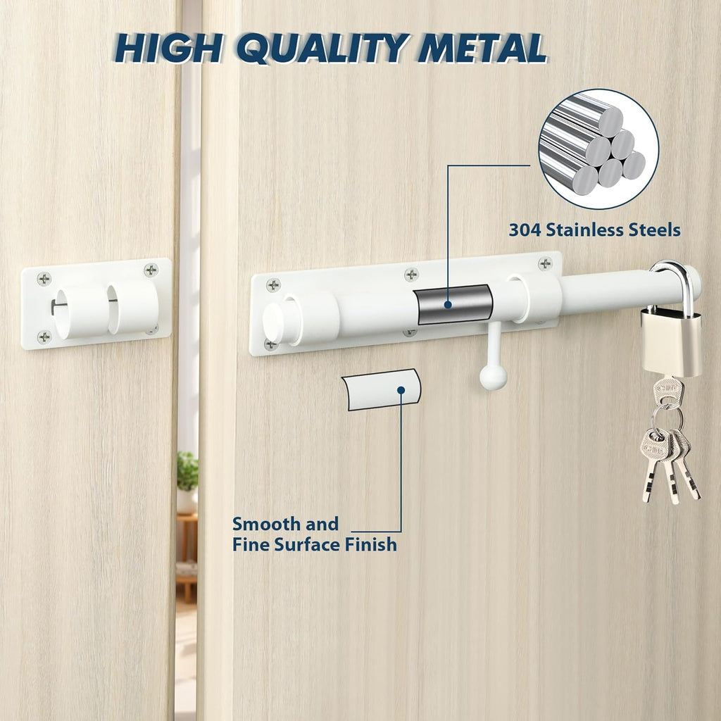 Alise 10 inch Barrel Bolt Latch,Slide Bolt Latch,Heavy Duty Solid SUS304 Stainless Steel Slide Lock for Wooden Fence,Barn Door,Interior or Outdoor Door White MS9200-W