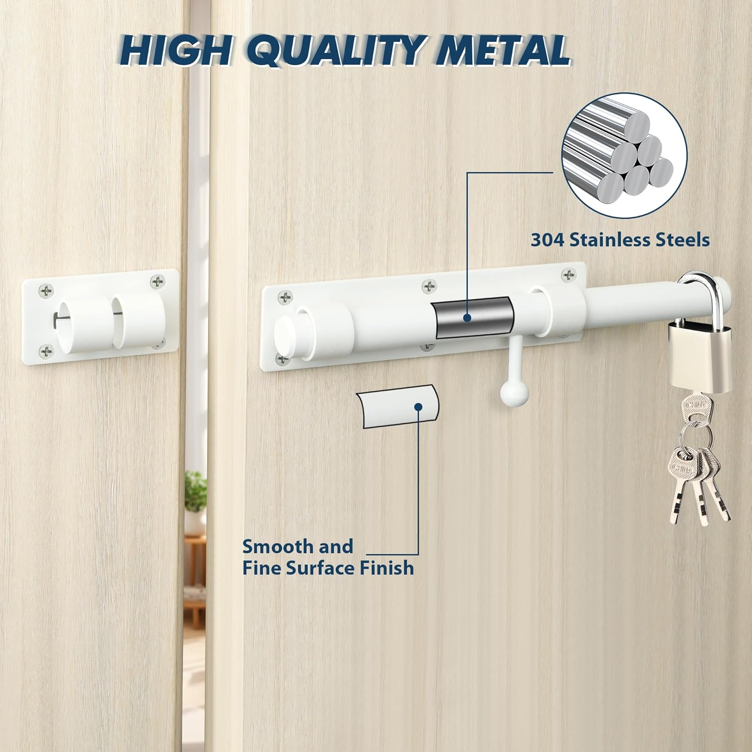 Alise 10 inch Barrel Bolt Latch,Slide Bolt Latch,Heavy Duty Solid SUS304 Stainless Steel Slide Lock for Wooden Fence,Barn Door,Interior or Outdoor Door White MS9200-W