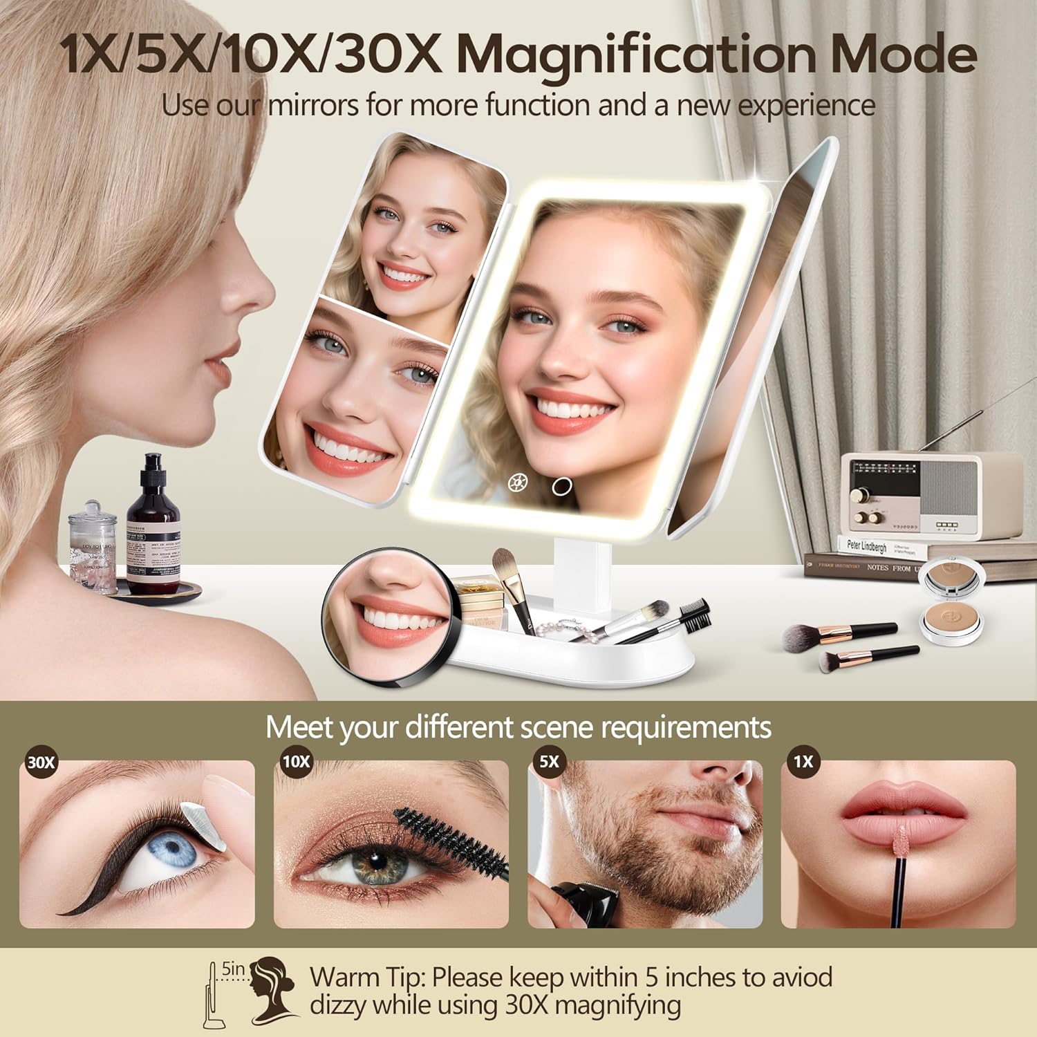 Vanity Mirror with Lights, Lighted Makeup Mirror with 30X/10X/5X Magnification, Rechargeable Trifold Mirror with 3 Color & Adjustable Brightness, Travel Makeup Mirror with Lights for Desk