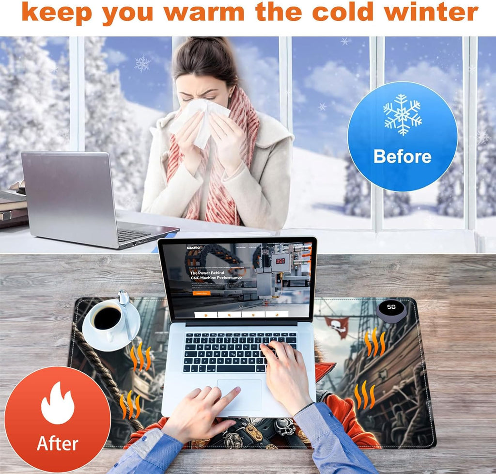 Heated Mouse Pad for Desk 31.5" x 13" – PU Leather Warm Desk Pad with 3 Heat Levels (104°F/113°F/122°F), Plug-in Electric Heating Mat with Auto Shut-Off, Waterproof & Rollable, Pirate Cat