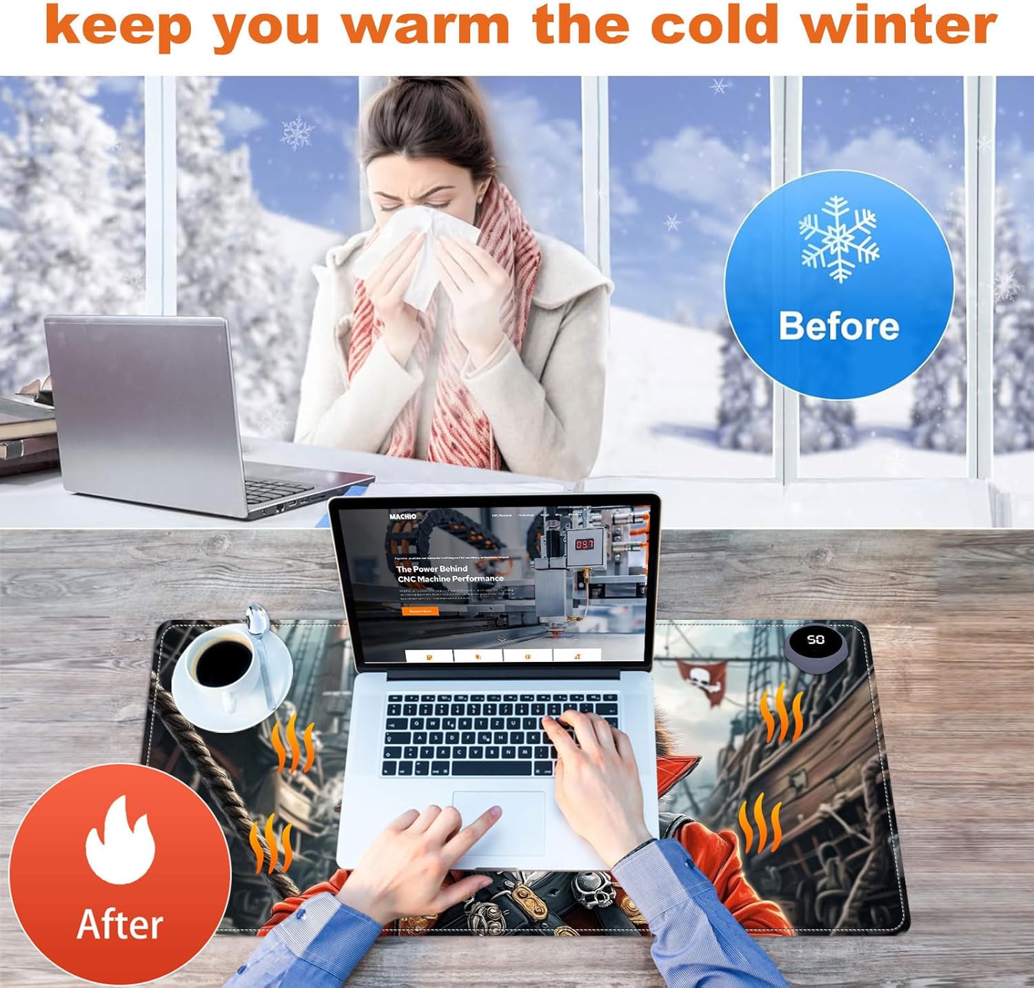 Heated Mouse Pad for Desk 31.5" x 13" – PU Leather Warm Desk Pad with 3 Heat Levels (104°F/113°F/122°F), Plug-in Electric Heating Mat with Auto Shut-Off, Waterproof & Rollable, Pirate Cat