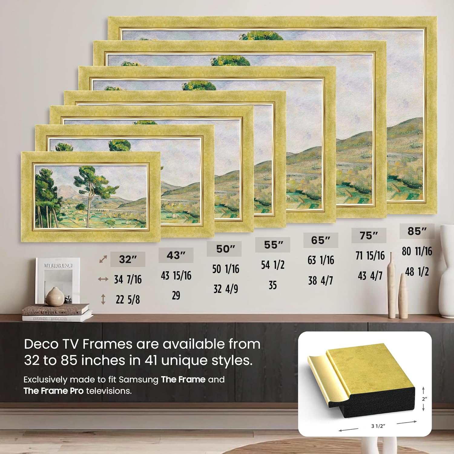 Contemporary Gold 3" Color Chip Premiere Deco TV Frame (32",43",50",55",65",75",85") Compatible ONLY with Samsung The Frame and Pro TVs (Fits 2021-2025, LS03A,LS03B,LS03C,LS03D,LS03FA,LS03FW)
