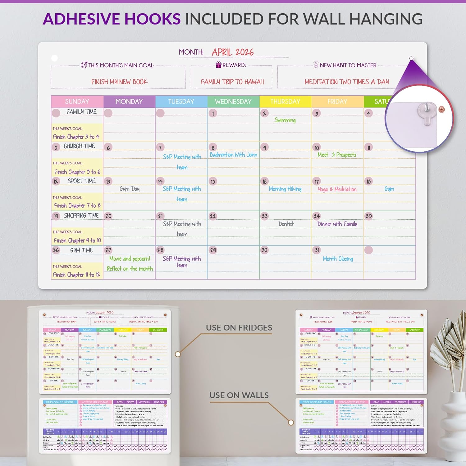 Magnetic Whiteboard for Fridge - Large Dry Erase Calendar for Wall | 2 Magnetic Dry Erase Board 10.5" x 16.5" & 7" x 16.5", Monthly Goal Setting & Habit Tracker, 5 Markers and 6 Adhesive Hooks