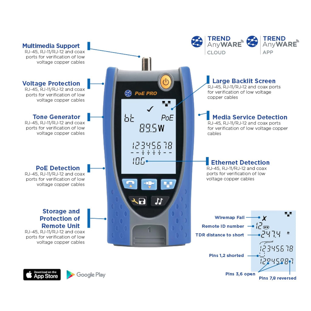 TREND Networks | R158006 | PoE Pro | Cloud Connected Data Cable and PoE Verifier | Includes Cable Testing Features of The VDV II PRO | Advanced Wiremap & Troubleshooting Tool