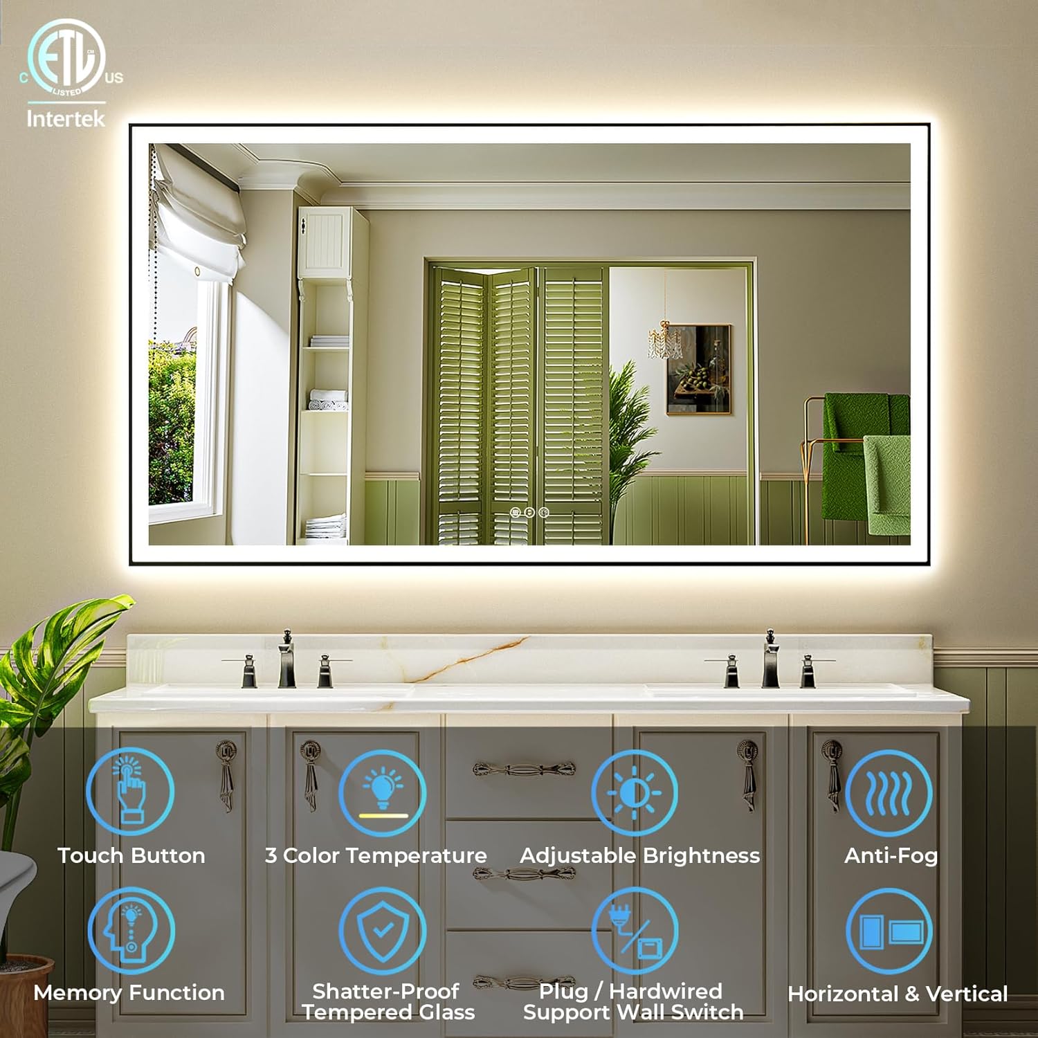 88x38 Inch LED Bathroom Mirror with Lights (Front Lit and Backlit) Black Framed Lighted Vanity Mirror for Bathroom Wall Dimmable Anti-Fog Memory Tempered Glass Horizontal/Vertical
