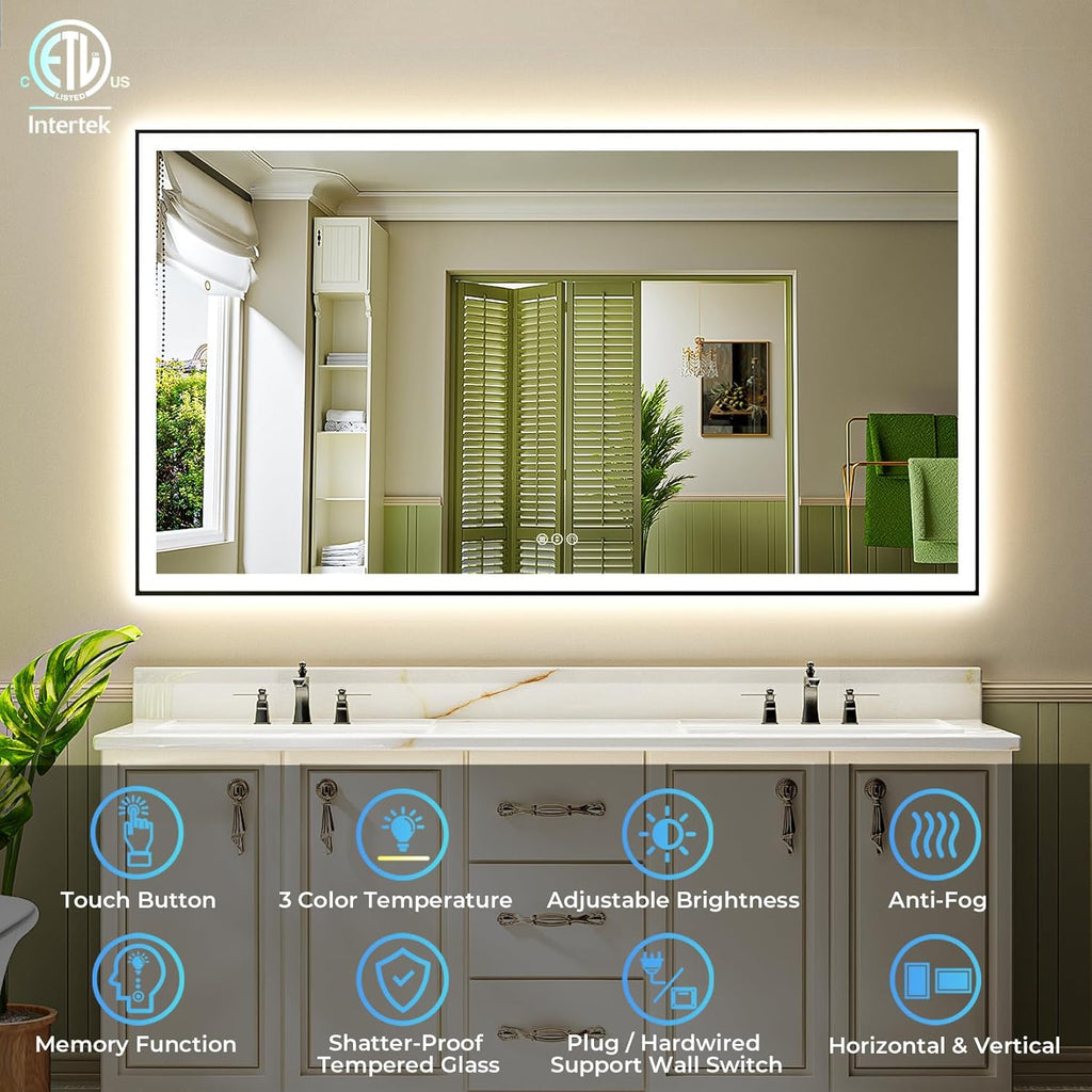 72x40 Inch LED Bathroom Mirror with Lights (Front Lit and Backlit) Black Framed Lighted Vanity Mirror for Bathroom Wall Dimmable Anti-Fog Memory Tempered Glass Horizontal/Vertical