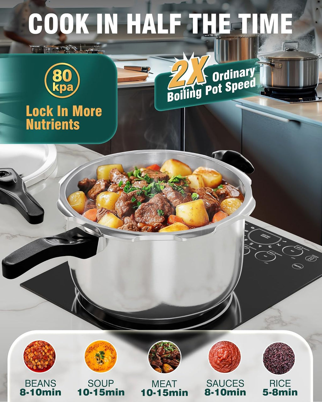 WantJoin Stainless Steel Pressure Cooker(Non-Aluminum),10 Quart Induction Compatible Pressure Cooker with Spring Valve Safeguard Devices,Compatible with Gas & Induction Cooker