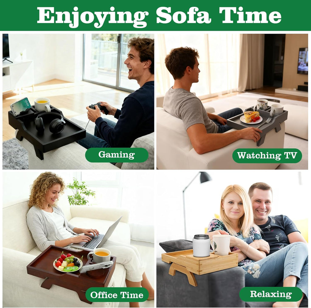 Bamboo Couch Cup Holder, 4 in 1 Couch Arm Trays with 360°Rotated Phone Holder, Non-Slip Clip on Side Table for Drinks/Remote/Snacks, Ideal Gift for Husband, Wife, Parents