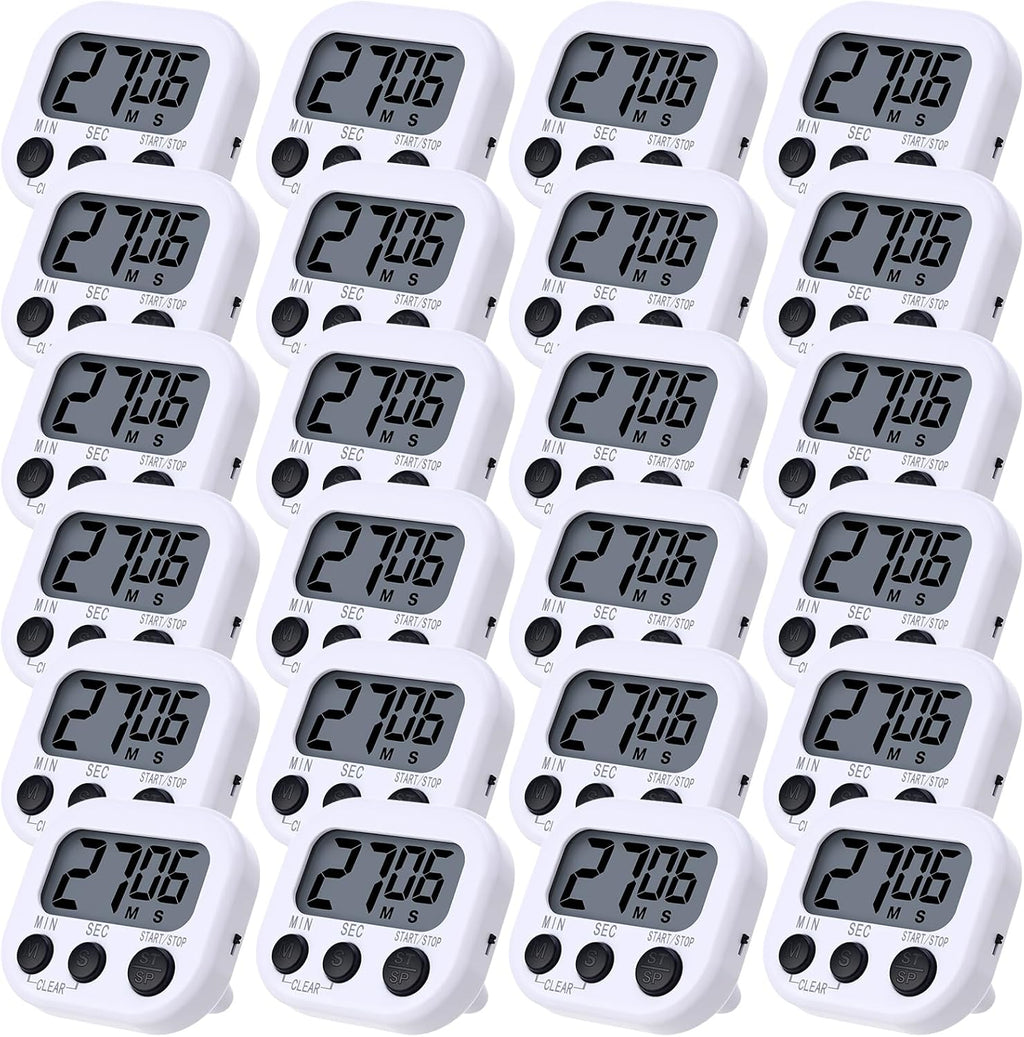 Leumoi 24 Pcs Digital Kitchen Timers Magnetic Back Timers Bulk Large Screen Loud Alarm On/Off Switch Minute Second Count up Countdown Memory Setting for Cooking Classroom Exercise (White and Black)
