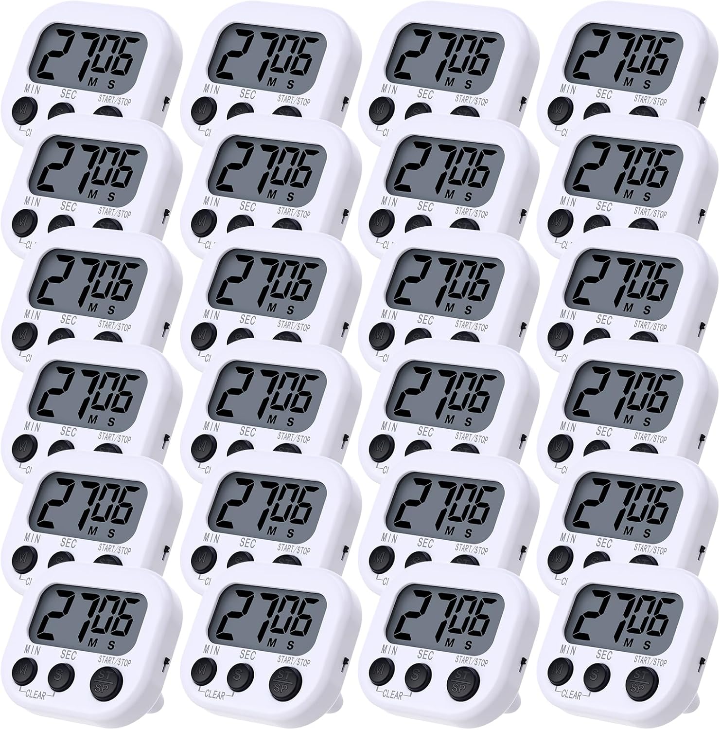 Leumoi 24 Pcs Digital Kitchen Timers Magnetic Back Timers Bulk Large Screen Loud Alarm On/Off Switch Minute Second Count up Countdown Memory Setting for Cooking Classroom Exercise (White and Black)