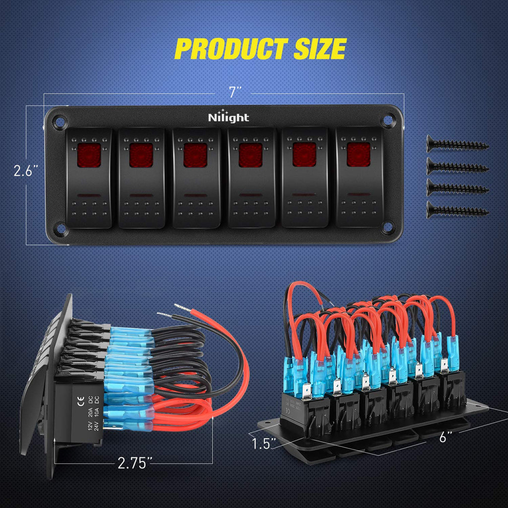 Nilight 6 Gang Rocker Switch Panel 5Pin On Off Toggle Aluminum Holder 12V 24V Dash Pre-Wired Red Backlit Switches for Automotive Cars Marine Boats RVs Truck