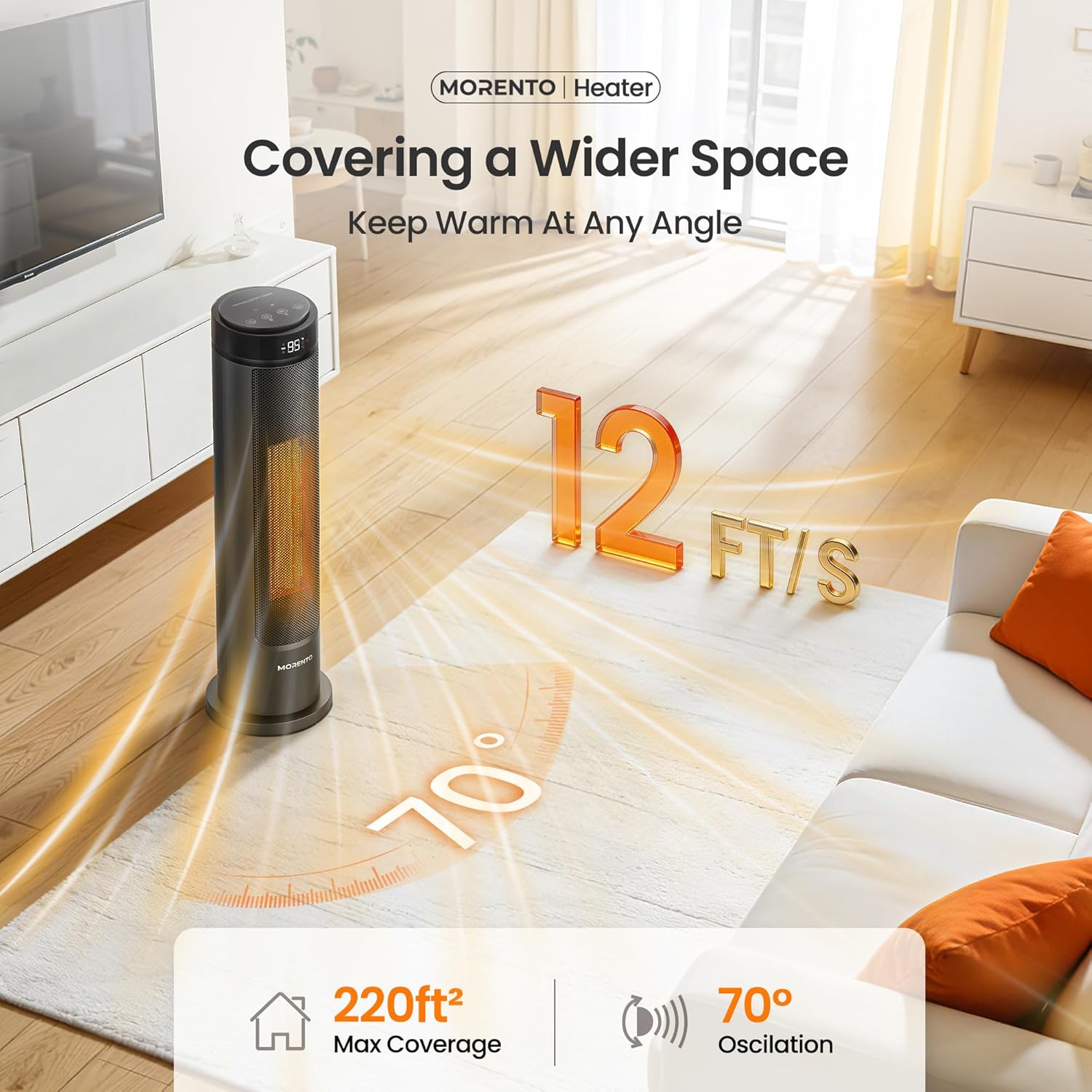 MORENTO Space Heater for Indoor Use, 1500W Ceramic Fast Heat, Electric Space Heater for Large Room with Remote, Thermostat, Digital Display, 5 Modes, 12H Timer, 70° Oscillation, 23dB Black 1 Pack