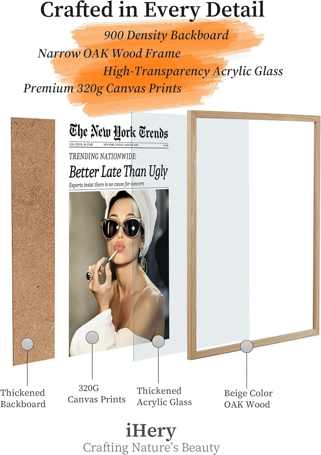 iHery Standard 12x16in Truly Natural OAK Wood Beige Color Picture Frame with High Transparency Acrylic Glass Thickened Backboard, Photo Frames Sets Minimalistic Design Narrow Border 3Pack