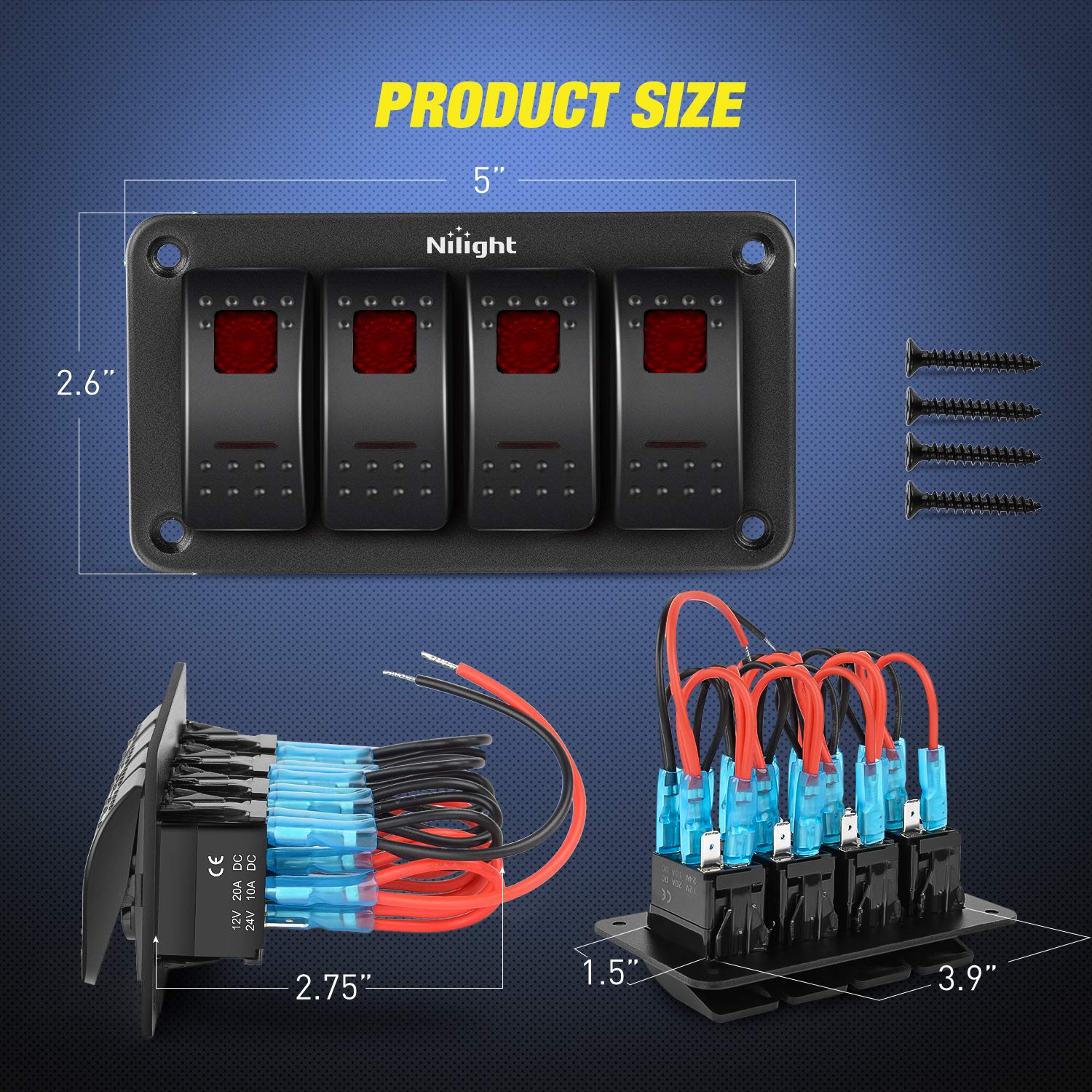 Nilight 4 Gang Rocker Switch Panel 5Pin On Off Toggle Aluminum Holder 12V 24V Dash Pre-Wired Red Backlit Switches for Automotive Cars Marine Boats RVs Truck