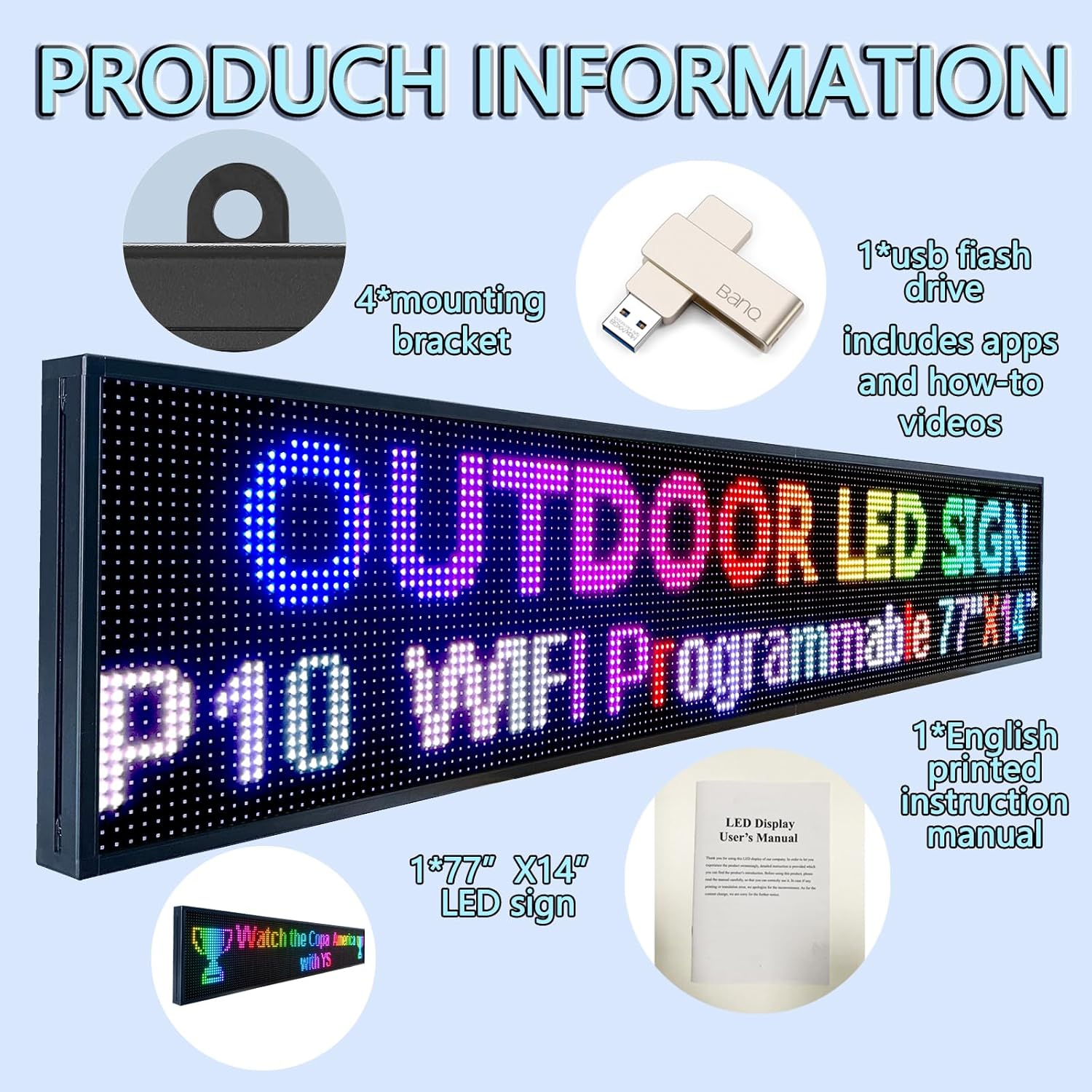 P10 Outdoor Led Sign 77"x14" WiFi Programmable with High Brightness Scrolling LED Sign for Business Digital Advertising Display Electronic Message Board