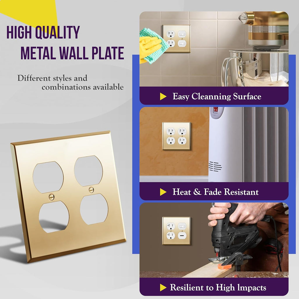 ENERLITES Double Duplex Receptacle Metal Wall Plate, Socket Outlet Switch Cover, Stainless Steel 201, Corrosion Resistant, Size 2-Gang 4.50" x 4.57", 7722-PB, Polished Brass, Gold