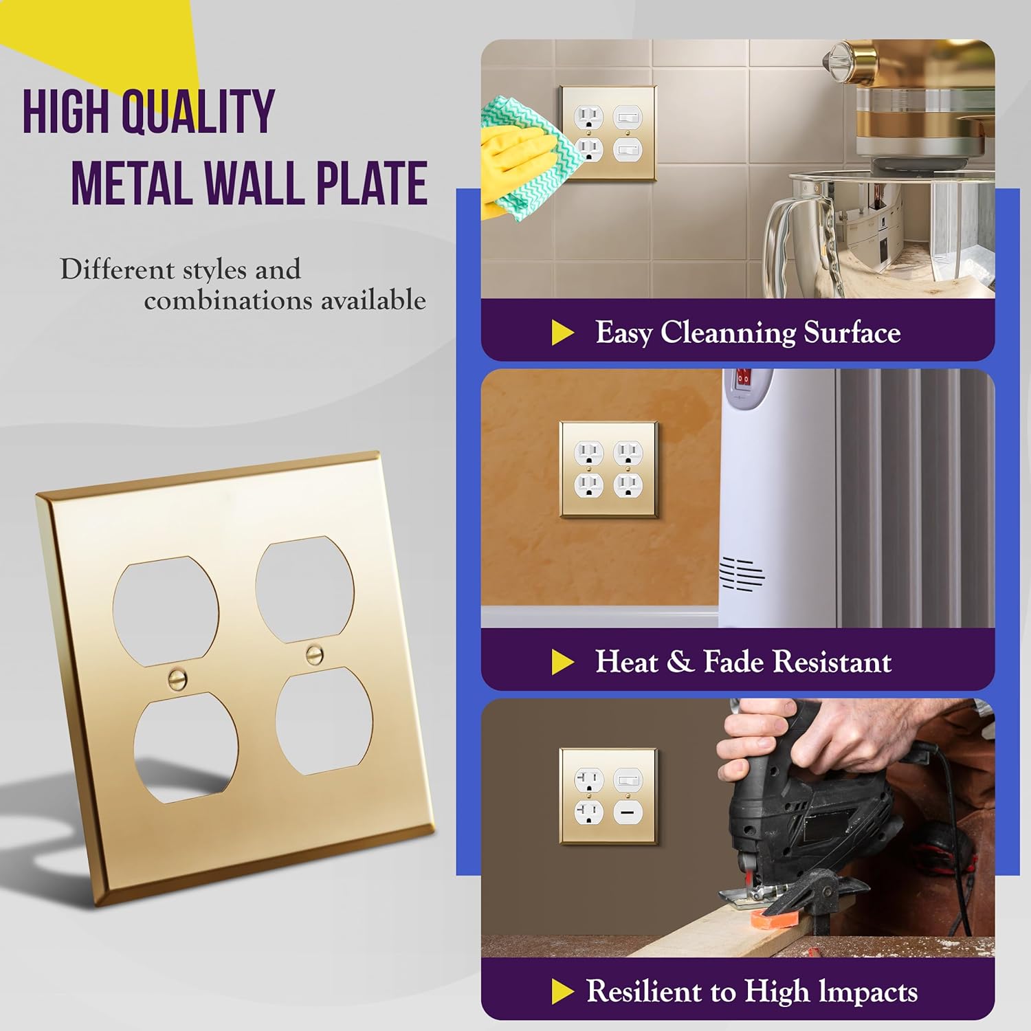 ENERLITES Double Duplex Receptacle Metal Wall Plate, Socket Outlet Switch Cover, Stainless Steel 201, Corrosion Resistant, Size 2-Gang 4.50" x 4.57", 7722-PB, Polished Brass, Gold