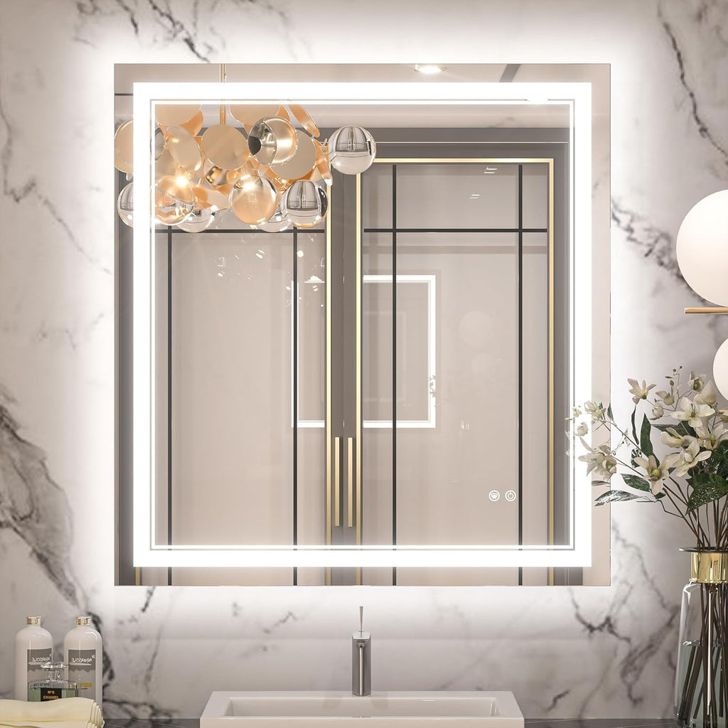 Keonjinn 30" x 32" Bathroom LED Mirror, Front & Back Lighted Mirror for Bathroom Wall, HD Tempered Glass, Safe Anit-Fog, 3000K/4500K/6500K, Dimmable, Frameless LED Wall Mirror with Lights