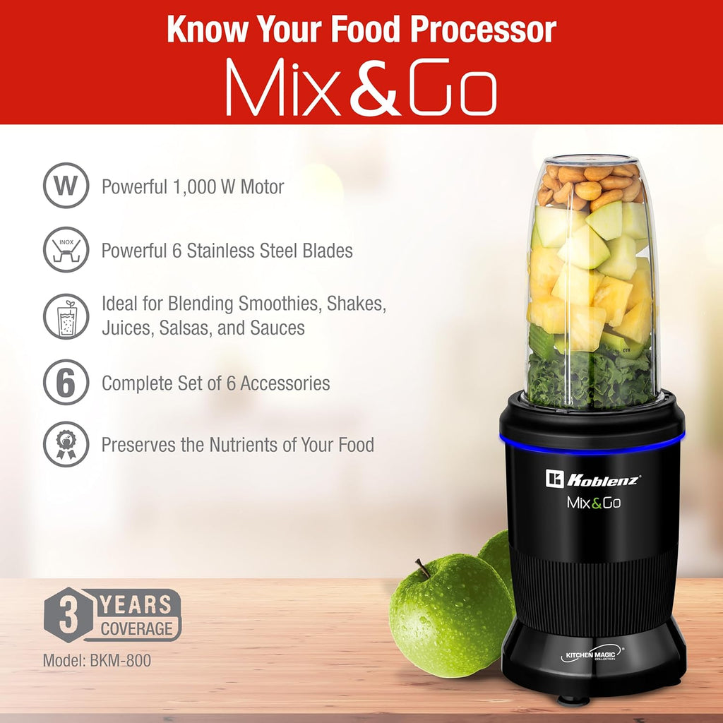 Koblenz Mix&Go Personal Blender, Portable Size Blender for Shakes and Smoothies with Auto-Stop Function, 1000w Motor, Stainless Steel Blades, To-Go Cup, Easy to Clean, Black