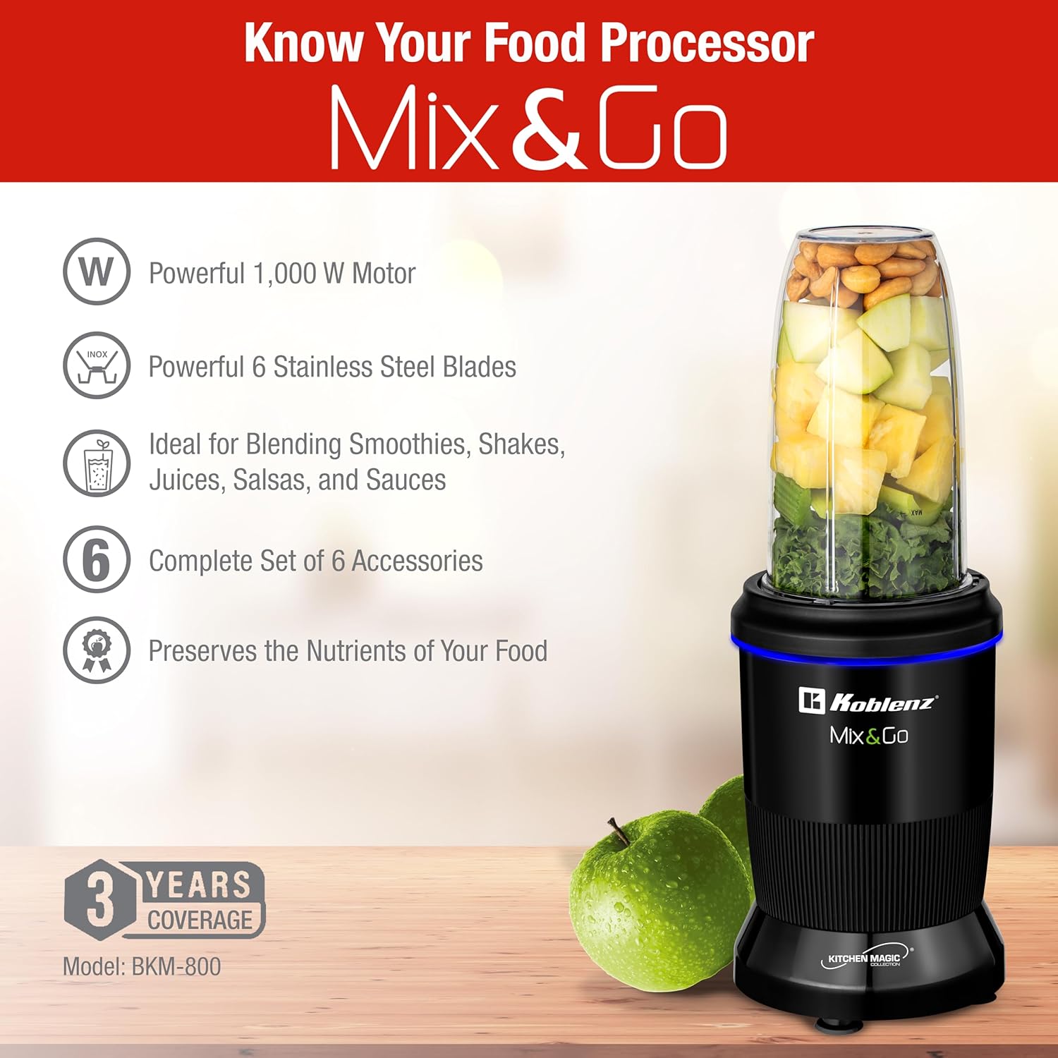 Koblenz Mix&Go Personal Blender, Portable Size Blender for Shakes and Smoothies with Auto-Stop Function, 1000w Motor, Stainless Steel Blades, To-Go Cup, Easy to Clean, Black