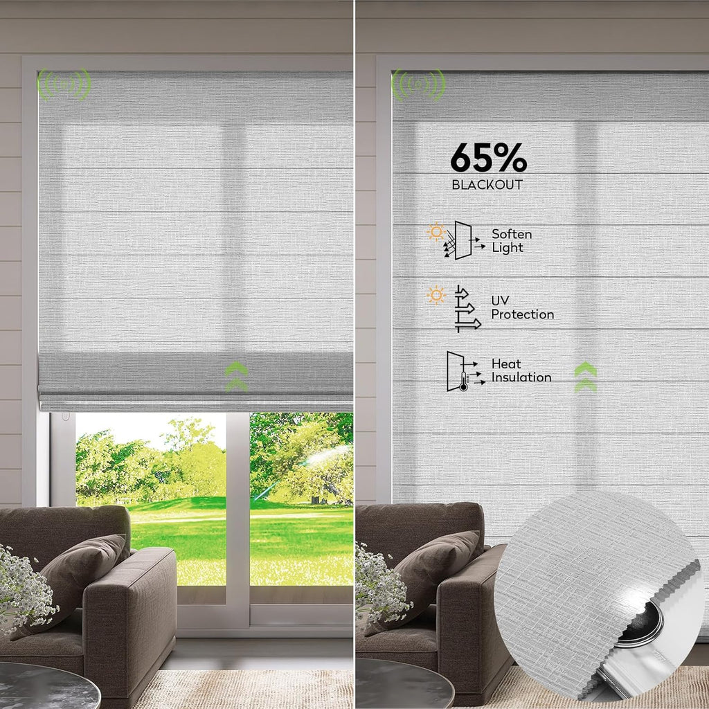 ZSTARR Smart Roman Shades Rechargeable Motorized Blinds with Remote Light Filtering Roman Window Shades Plain Fold Soft for Doors Bedroom, Custom Size (Sheer Gray)