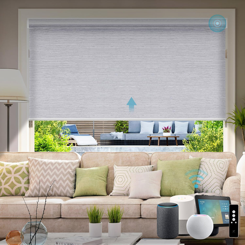 SmartWings Motorized Light Filtering Blinds Work with Homekit Thread Z-Wave Alexa, 70% Blackout Electric Smart Window Shade Translucent, Cordless with Remote Control, Up W110 x H148, Essential Grey