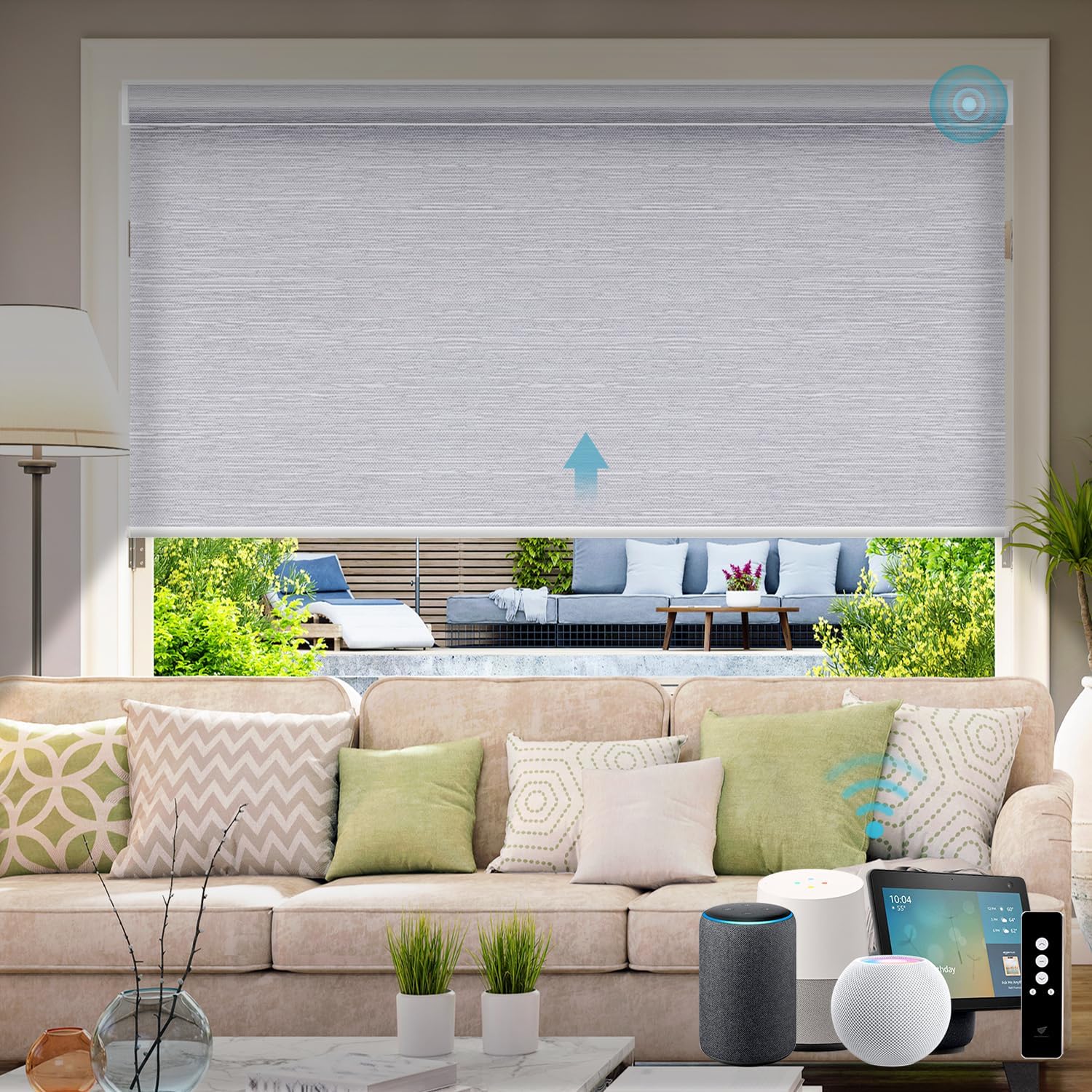 SmartWings Motorized Light Filtering Blinds Work with Homekit Thread Z-Wave Alexa, 70% Blackout Electric Smart Window Shade Translucent, Cordless with Remote Control, Up W110 x H148, Essential Grey