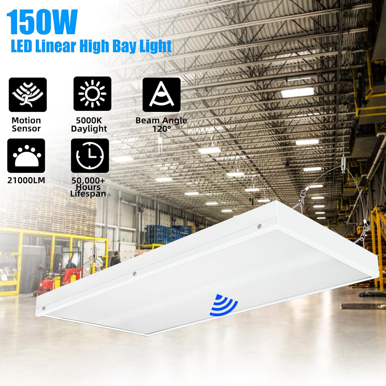 LED Linear High Bay Shop Lights with Motion Sensor, 150W LED Shop Light, 21000lm 140LM/W, 100-277V, 5000K Adjustable Tilt Hanging Commercial Linear High Bay Lights for Workshop Garage, 4-Pack