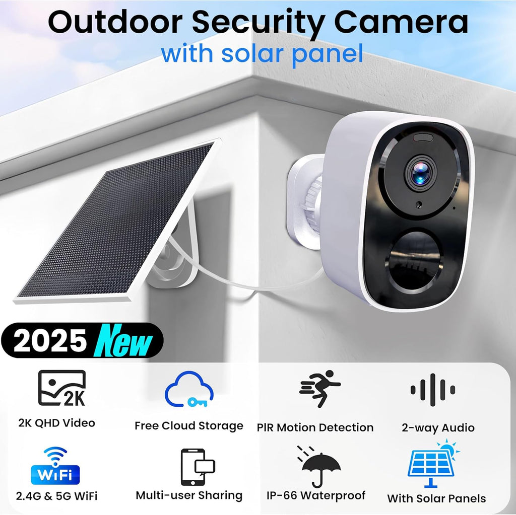 2025 Upgraded 2K Security Cameras Wireless Outdoor with Solar Panels, Free Cloud Storage, AI Motion Detection Spotlight Siren Alarm Outdoor Camera Wireless, 2-Way Talk, IP66 Waterproof