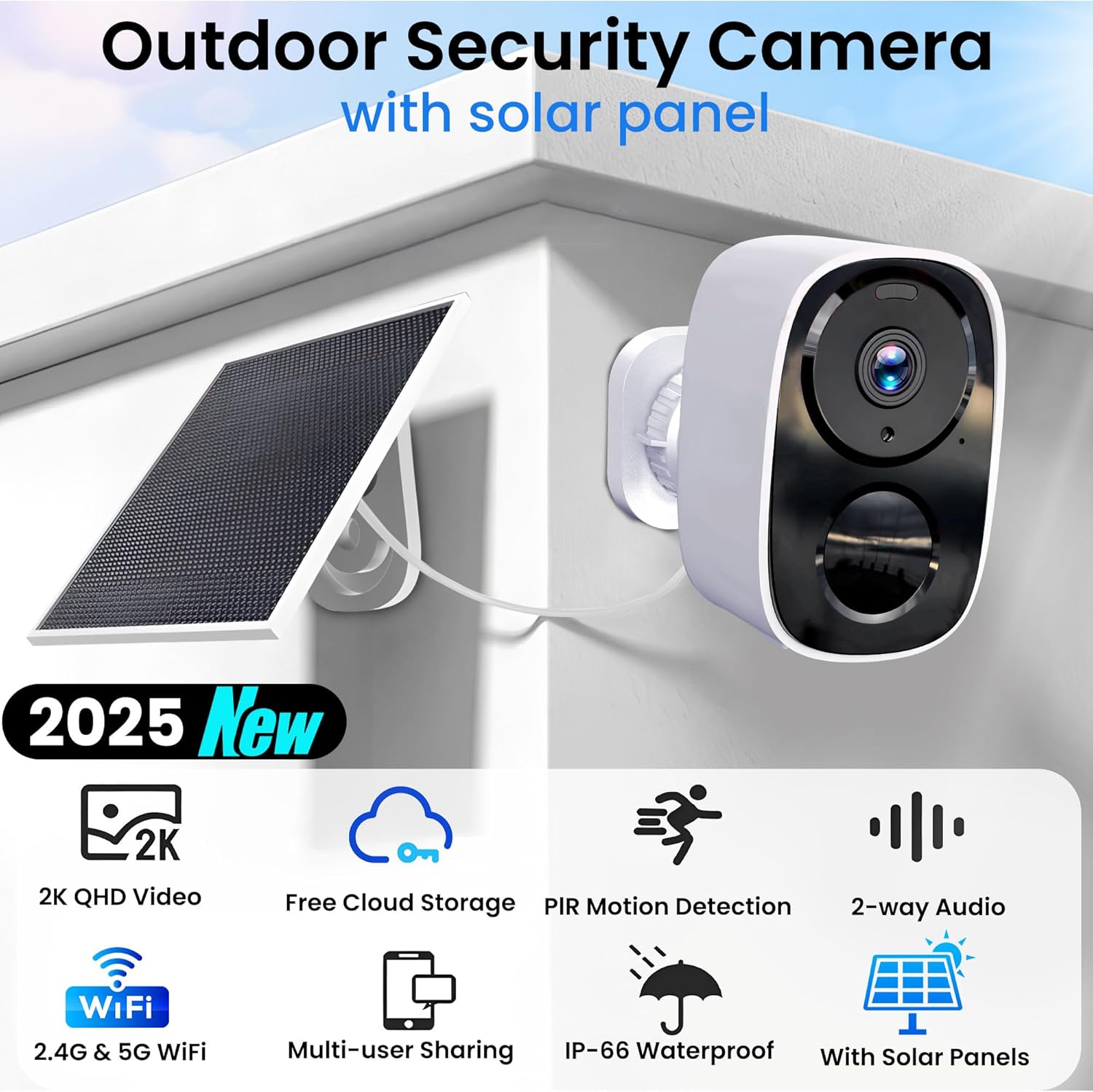 2025 Upgraded 2K Security Cameras Wireless Outdoor with Solar Panels, Free Cloud Storage, AI Motion Detection Spotlight Siren Alarm Outdoor Camera Wireless, 2-Way Talk, IP66 Waterproof