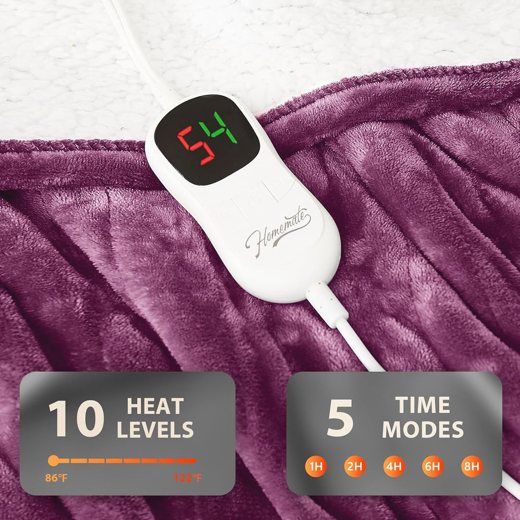 Homemate Electric Heated Blanket Twin - 62"x84" Heating Bed Blankets Throw with 10 Heating Levels 8 Hours Auto Off Fast Heating Over-Heated Protection Ultra Soft Warm Flannel ETL Certified Purple