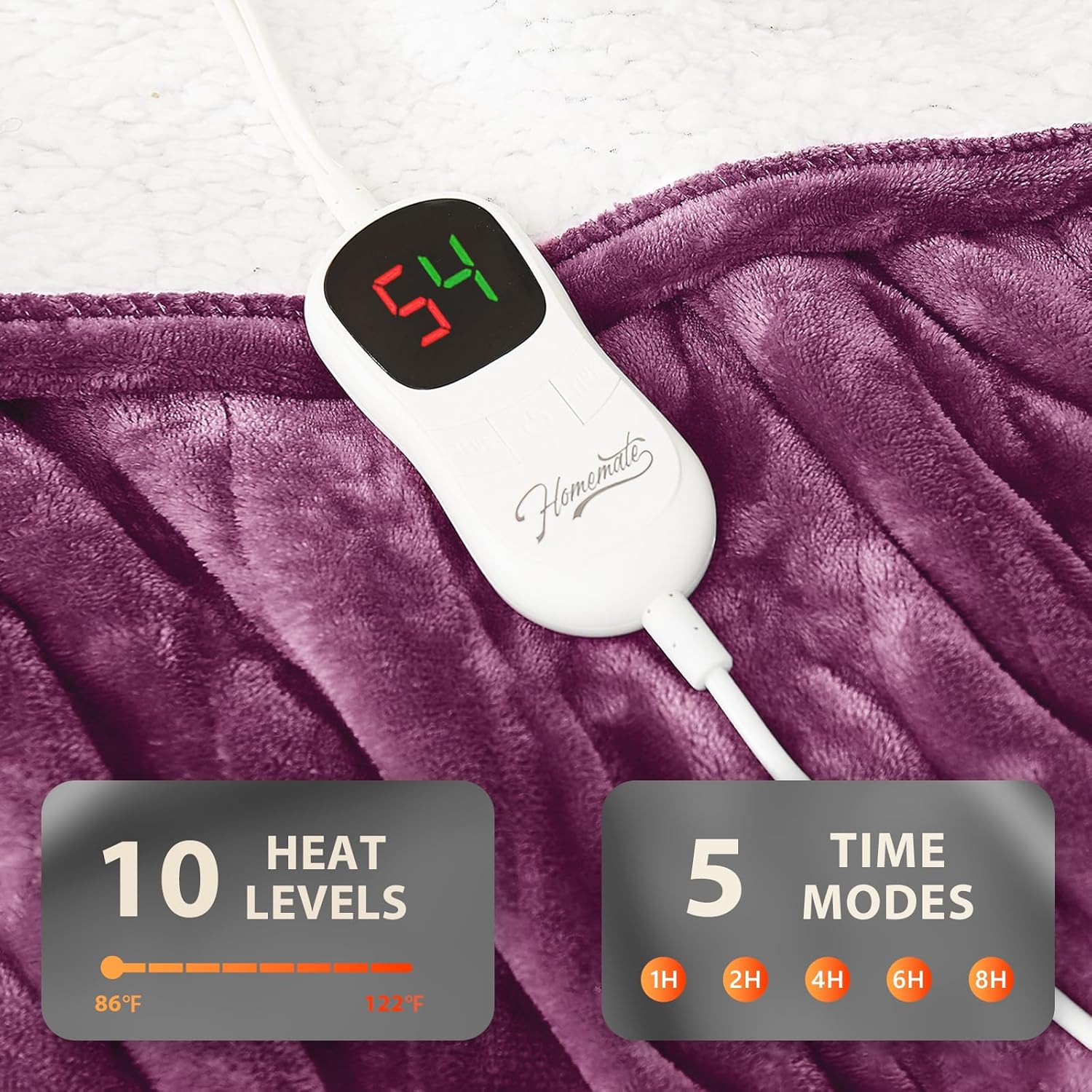 Homemate Electric Heated Blanket Full - 72"x84" Heating Bed Blankets Throw with 10 Heating Levels 8 Hours Auto Off Fast Heating Over-Heated Protection Ultra Soft Warm Flannel ETL Certified Purple