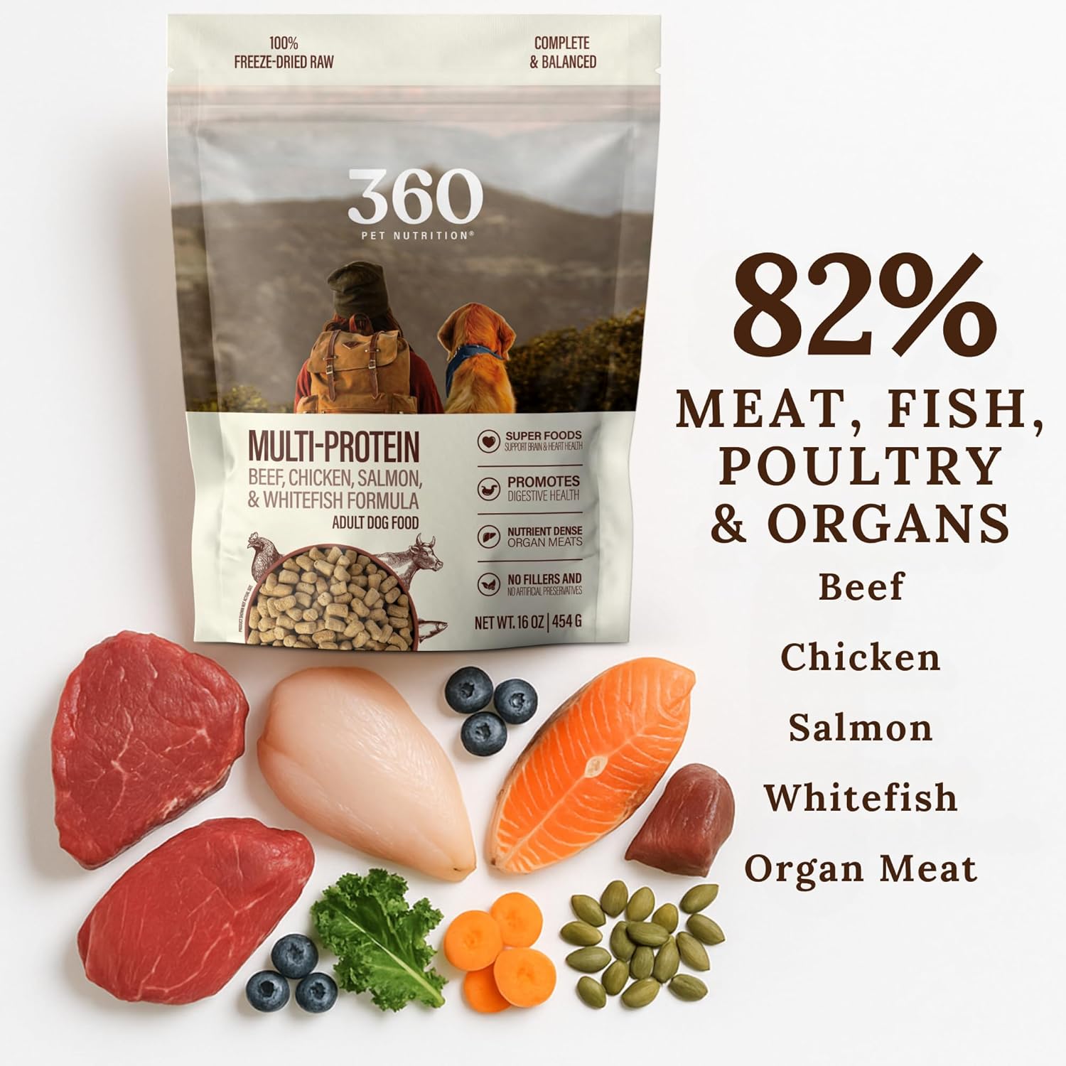 360 Pet Nutrition Freeze-Dried Raw Dog Food – Multi-Protein with Beef, Chicken, Fish, Liver & Organs, High Protein, Omega-3s, Fruits, Veggies & Superfoods, Grain-Free, No Fillers, 5 oz – Made in USA