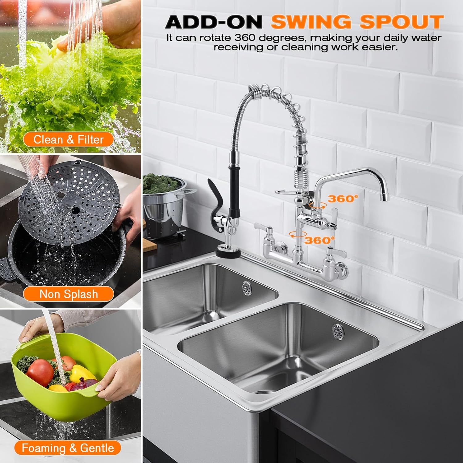 36" Height Commercial Faucet with Sprayer, 8" Adjustable Center & 12" Add-on Swing Spout, Wall Mount Pre Rinse Commercial Sink Faucet for Restaurant Industrial Kitchen
