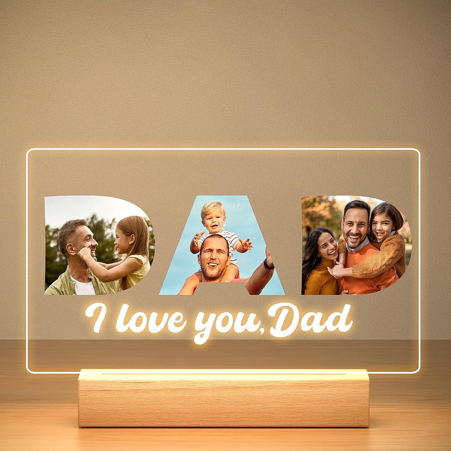 Custom Picture Frames with Photo, Custom Photo Frame with Night Light, Personalized Picture Frame, Personalized Valentines Day Gifts for Dad from Daughter & Son