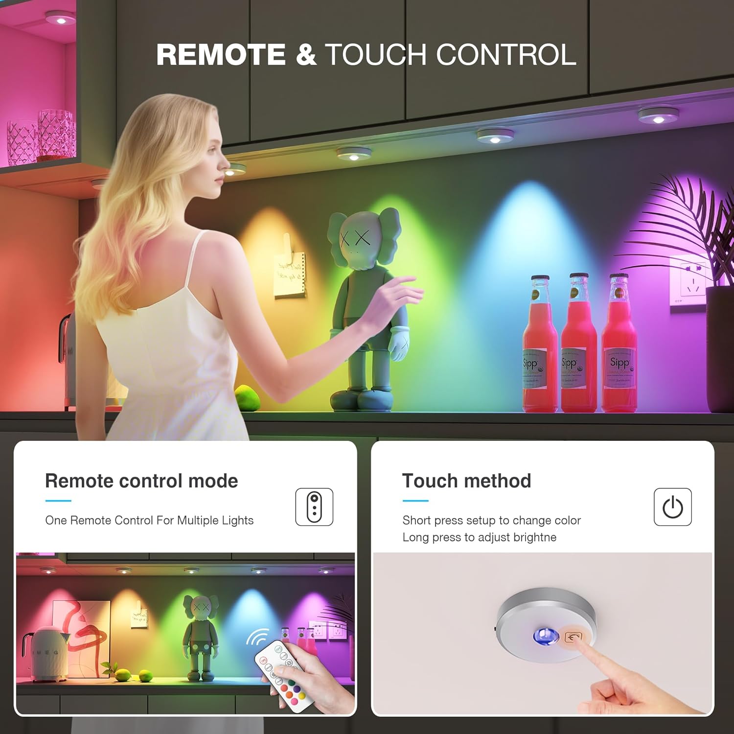 RGB Puck Lights with Remote Control, 2000mAh Battery Operated Tap Lights Rechargeable, 9 Colors & 2 Dynamic Changing Under Cabinet Lighting, Magnetic Stick on Light for Closet(Silver, 5 Pack)