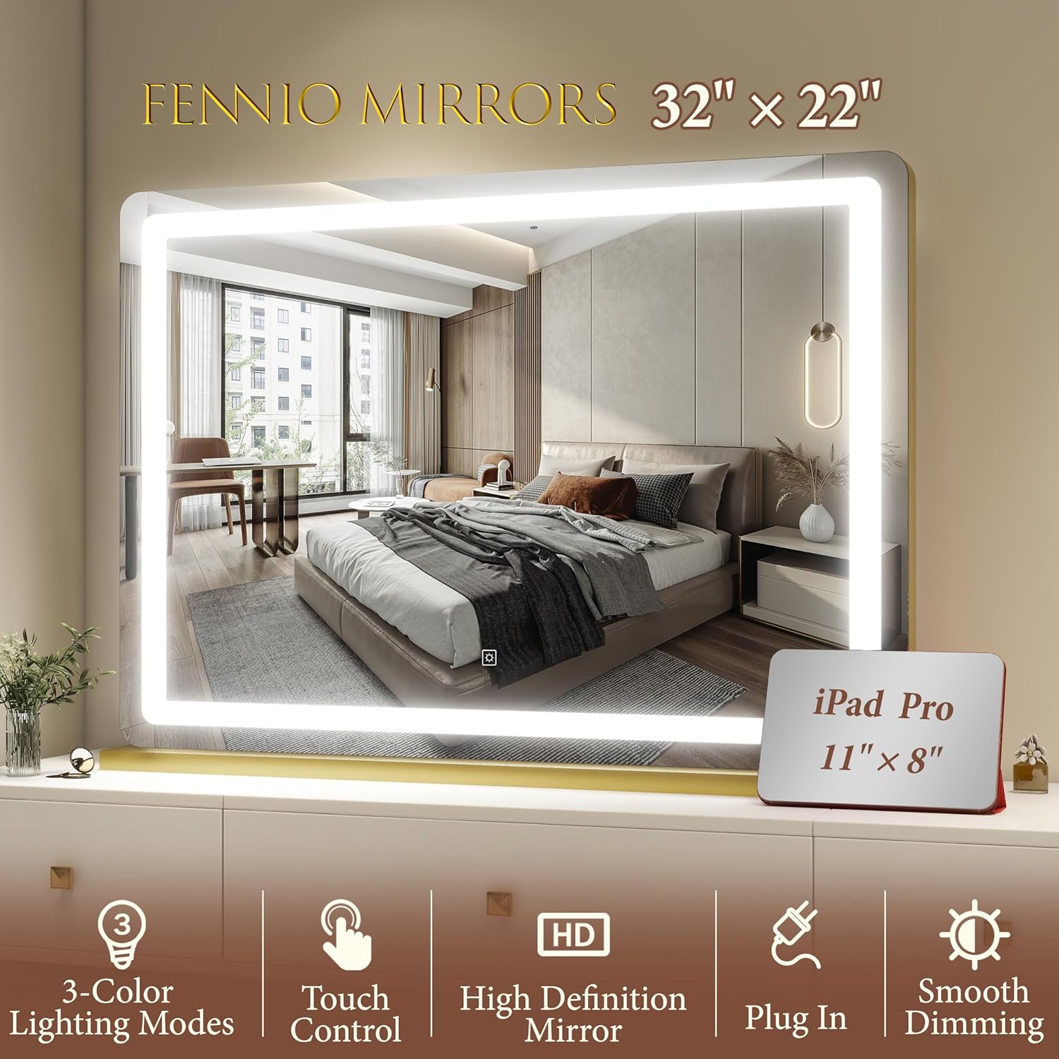 FENNIO Vanity Mirror with Lights 32"x22", Lighted Makeup Mirror, Large Vanity Mirror with Lights, Touch Sensor with 3 Color Lighting,USB Charging Port for Vanity Desk Tabletop（Gold）