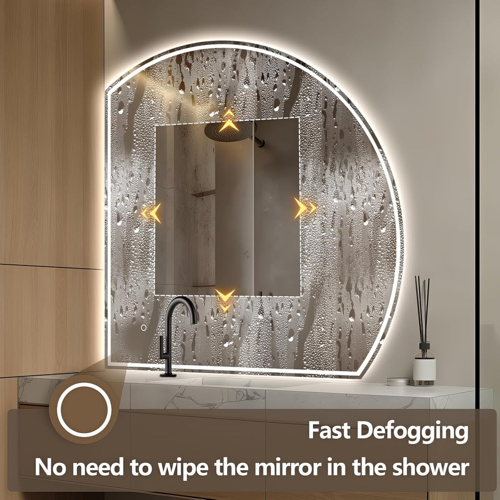 Niccy Half Moon Led Mirror for Bathroom, 40" Semi Round Backlit Mirror for Wall Lighted Mirror with Frameless 3 Color, Defogger, Explosion-Proof, HD Glass and IP65 Vanity Mirror