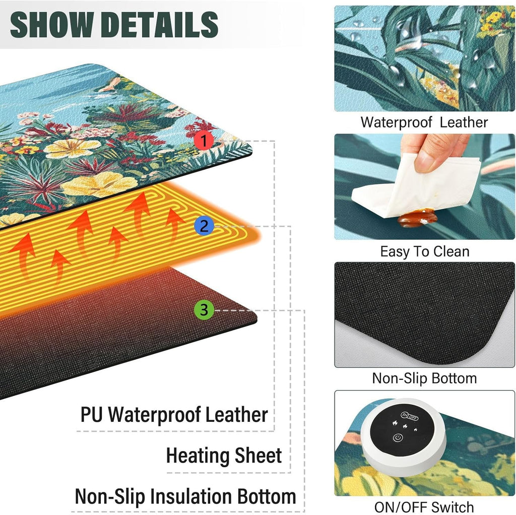 Heated Desk Pad Mouse Pad 31.5x13 Inch PU Leather Desk Mat with 3 Heat Levels Large Mouse Gaming Computer Laptop Mat Coastline Hibiscus