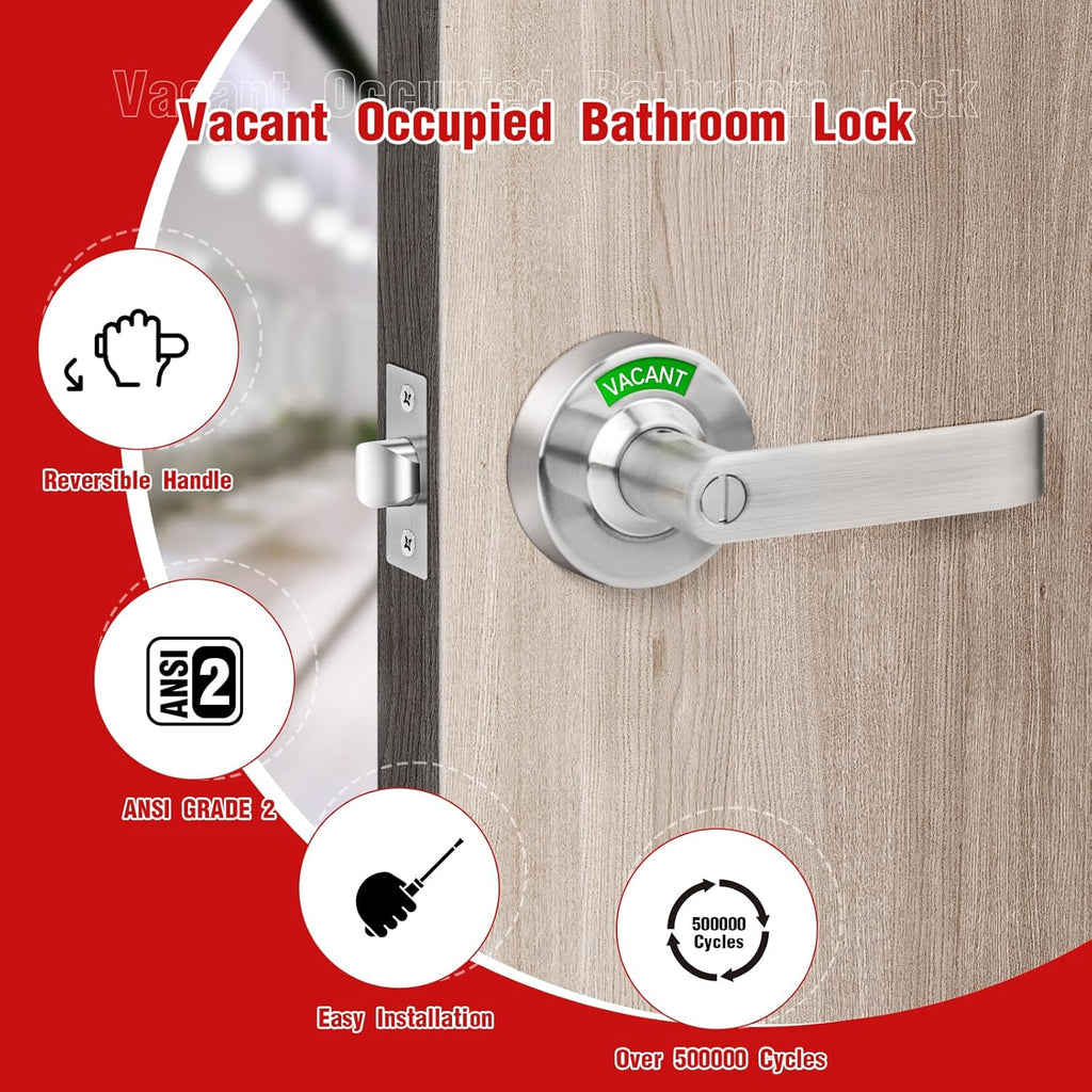 Bathroom Indicator Privacy Door Lock, Vacant Occupied Lock, Large Vacant or In-Use Door Handle, ANSI Grade 2 Commercial Grade, Satin Chrome