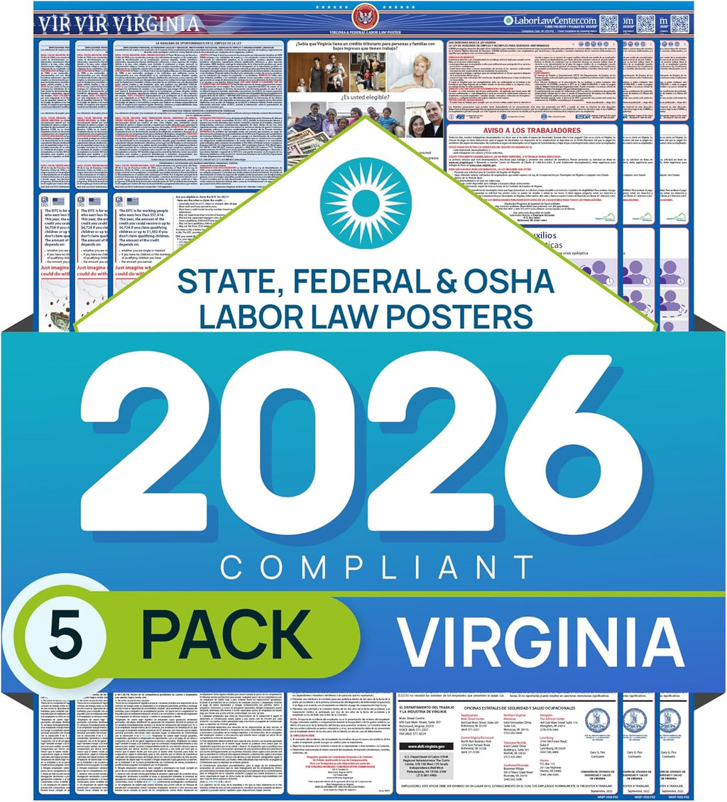 Virginia 2026 Labor Law Poster – State & Federal Compliance – OSHA, EEOC, FMLA, Minimum Wage – Durable, Laminated & Waterproof Workplace Employment Poster – Made in USA – 26” x 39.5”, 5-Pack
