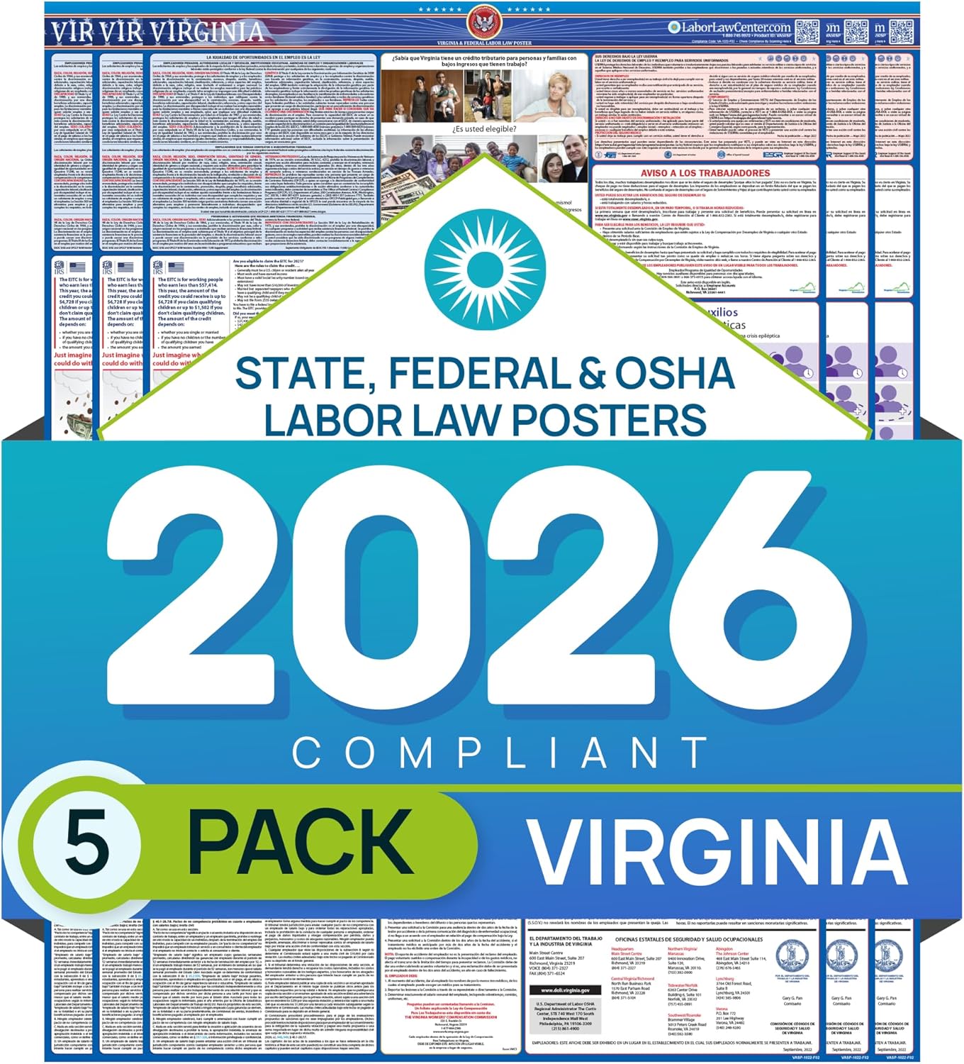 Virginia 2026 Labor Law Poster – State & Federal Compliance – OSHA, EEOC, FMLA, Minimum Wage – Durable, Laminated & Waterproof Workplace Employment Poster – Made in USA – 26” x 39.5”, 5-Pack