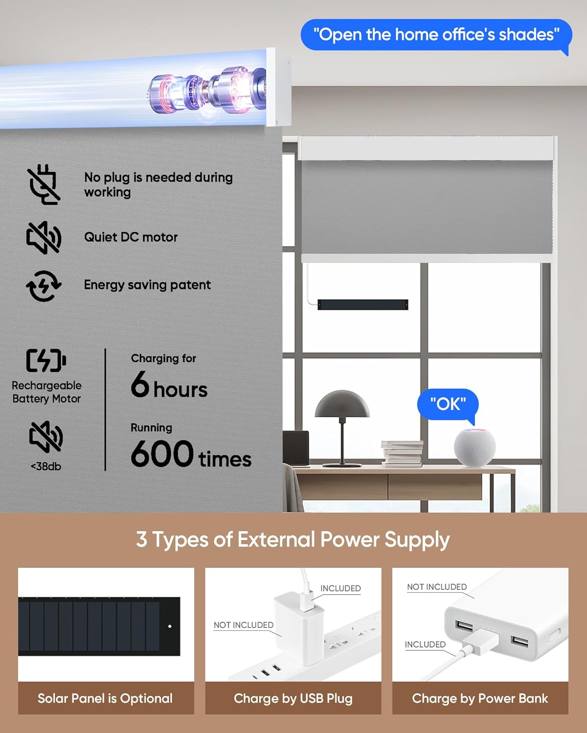 Kincmo Motorized Blinds with Remote,100% Blackout Motorized Roller Shades Work with Apple Homekit,Alexa,Google, Custom Electric Blinds with App,Voice Control (Pure Grey)